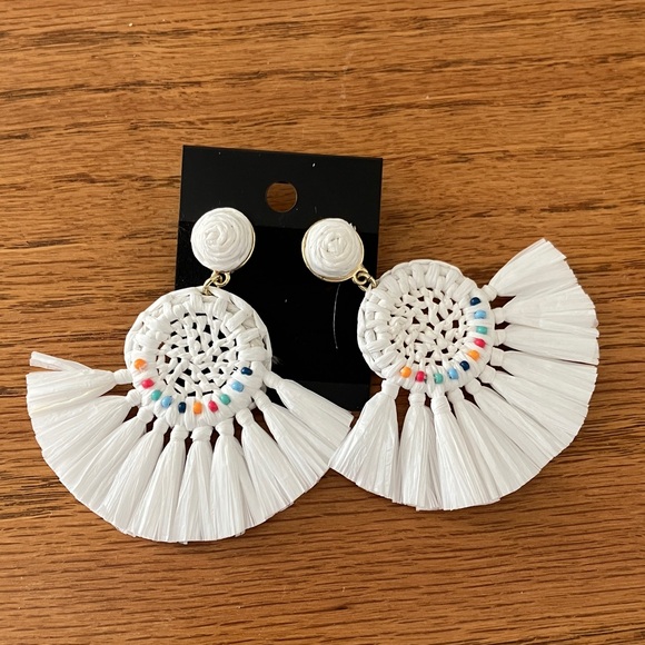 J. Crew Jewelry - J. Crew White Multi Raffia Fan colorful Bead Drop Earrings
